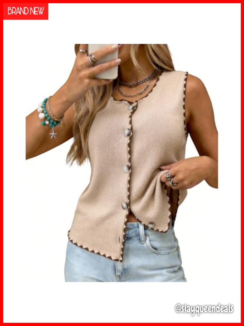 Women's Sleeveless Knit Sweater Vest Button Down Color Block Top